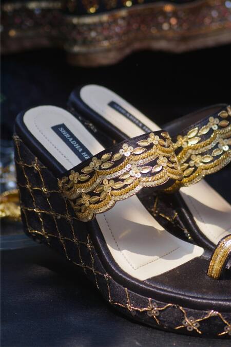 Shop_Shradha Hedau Footwear Couture_Black Zari Thread Rihanna Embroidered Wedges _Online_at_Aza_Fashions