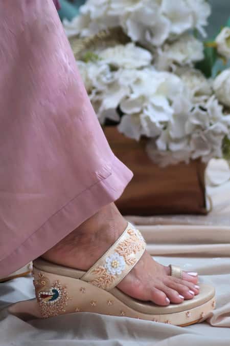 Shradha Hedau Footwear Couture_Gold Bead Zubedha Peacock Embroidered Wedges _Online_at_Aza_Fashions