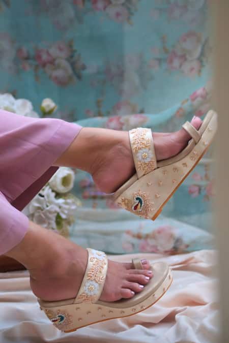 Buy_Shradha Hedau Footwear Couture_Gold Bead Zubedha Peacock Embroidered Wedges _Online_at_Aza_Fashions