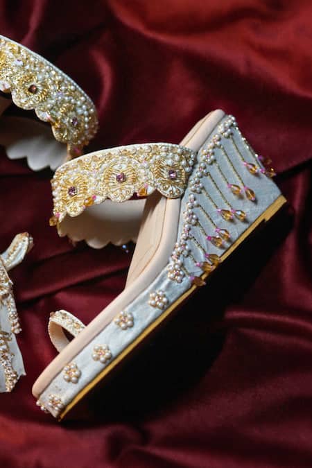 Shradha Hedau Footwear Couture_Beige Bead Nandini Tassel Embellished Wedges _Online_at_Aza_Fashions