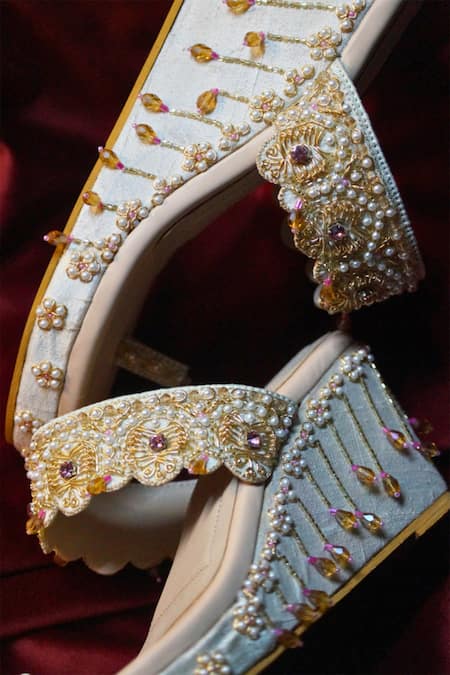 Shop_Shradha Hedau Footwear Couture_Beige Bead Nandini Tassel Embellished Wedges _Online_at_Aza_Fashions
