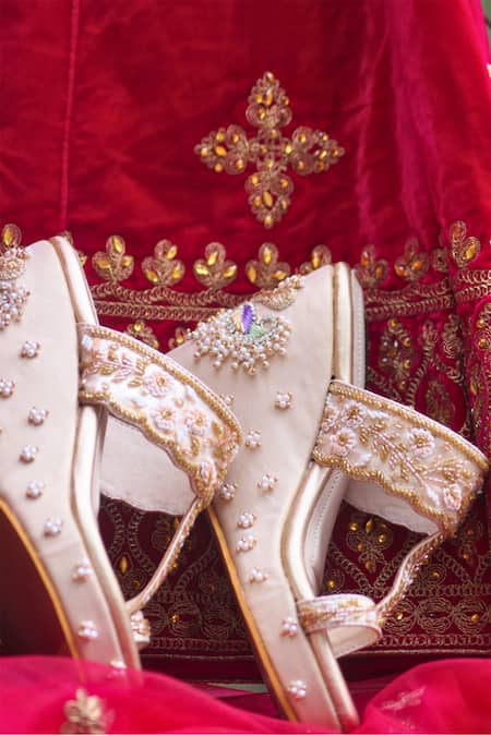 Shop_Shradha Hedau Footwear Couture_Beige Cutdana Gold Embroidered Wedges _at_Aza_Fashions