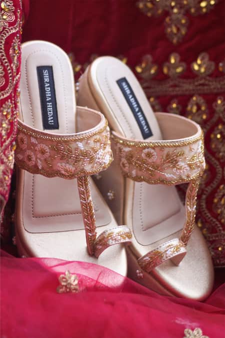 Shradha Hedau Footwear Couture_Beige Cutdana Gold Embroidered Wedges _Online_at_Aza_Fashions