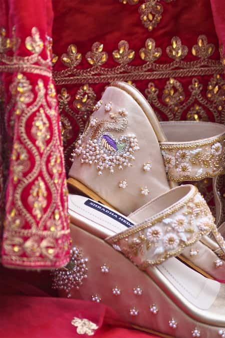 Buy_Shradha Hedau Footwear Couture_Beige Cutdana Gold Embroidered Wedges _Online_at_Aza_Fashions