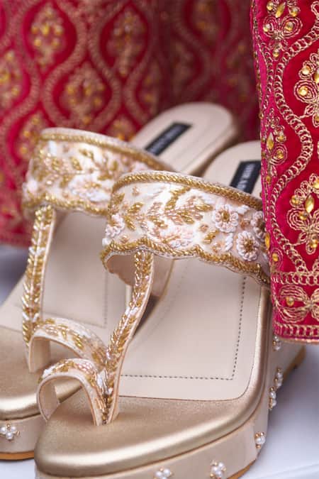 Shop_Shradha Hedau Footwear Couture_Beige Cutdana Gold Embroidered Wedges _Online_at_Aza_Fashions