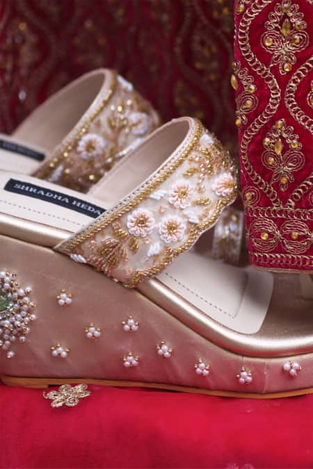 Shradha Hedau Footwear Couture_Beige Cutdana Gold Embroidered Wedges _at_Aza_Fashions