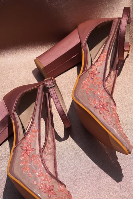 Shop_Shradha Hedau Footwear Couture_Purple Cutdana Lia Floral Embellished Heels _Online_at_Aza_Fashions