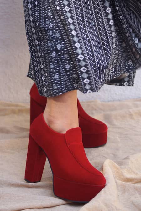 Shop_Shradha Hedau Footwear Couture_Red Cannes Velvet Suede Block Heel Boots _at_Aza_Fashions