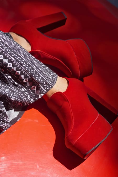 Shradha Hedau Footwear Couture_Red Cannes Velvet Suede Block Heel Boots _Online_at_Aza_Fashions