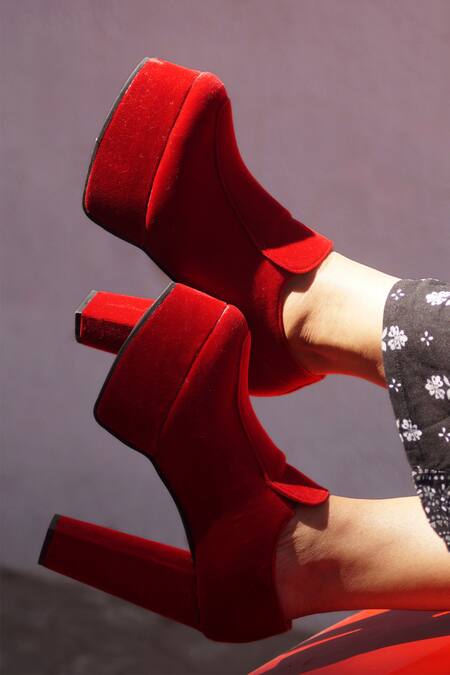 Buy_Shradha Hedau Footwear Couture_Red Cannes Velvet Suede Block Heel Boots _Online_at_Aza_Fashions