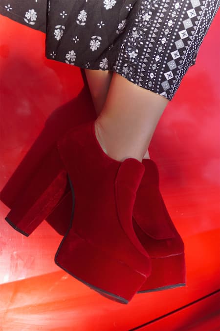 Shop_Shradha Hedau Footwear Couture_Red Cannes Velvet Suede Block Heel Boots _Online_at_Aza_Fashions
