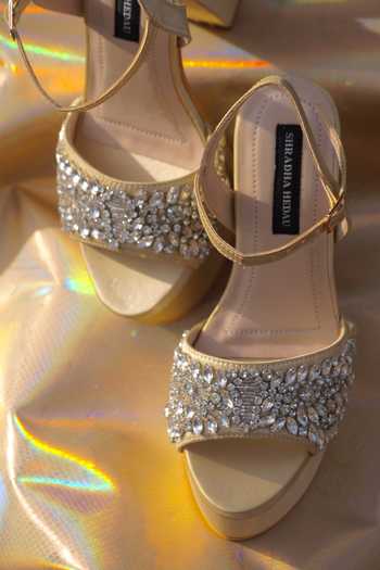 Shop_Shradha Hedau Footwear Couture_Gold Crystals, Stones Evelyn And Embellished Block Heels _Online_at_Aza_Fashions