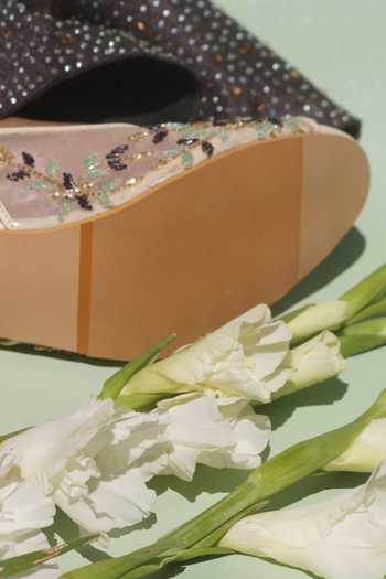 Shradha Hedau Footwear Couture_Beige Cut Work, Beads, Embroidery Rina Cutdana Embellished Block Heels _Online_at_Aza_Fashions