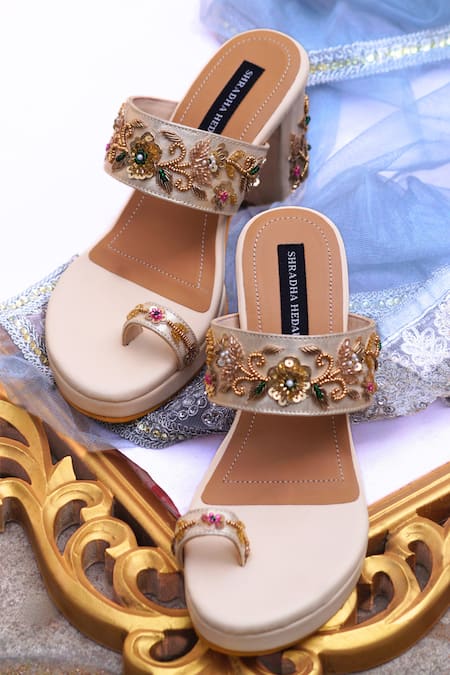 Shradha Hedau Footwear Couture_Beige Cut Work, Pearls, Sequins, Beads Riona Embellished Kolhapuri Block Heels _Online_at_Aza_Fashions