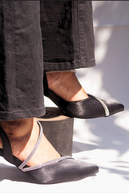 Shop Shradha Hedau Footwear Couture Black Diamond Liara Satin Embellished Pyramid Heels at Aza Fashions Shop_Shradha Hedau Footwear Couture_Black Diamond Liara Satin Embellished Pyramid Heels _at_Aza_Fashions