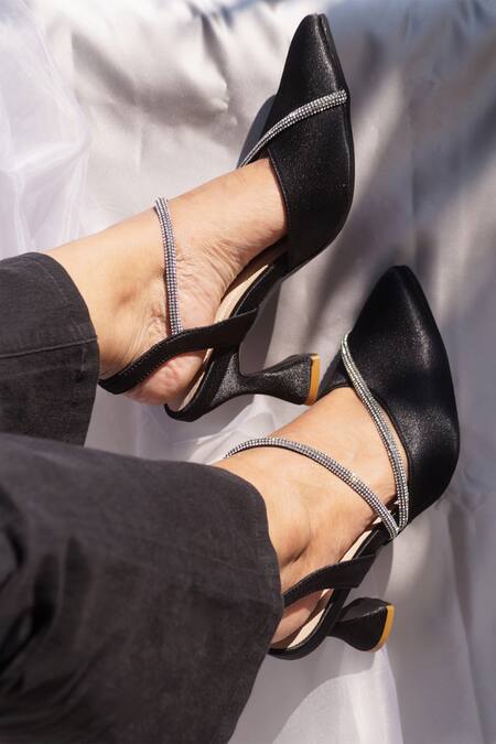 Shradha Hedau Footwear Couture Black Diamond Liara Satin Embellished Pyramid Heels Online at Aza Fashions Shradha Hedau Footwear Couture_Black Diamond Liara Satin Embellished Pyramid Heels _Online_at_Aza_Fashions