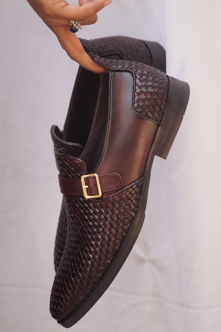 Shop_Shradha Hedau Footwear Couture_Brown Textured Basket Weave Moccasins _at_Aza_Fashions