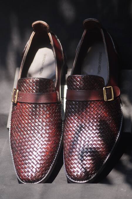 Shop_Shradha Hedau Footwear Couture_Brown Textured Basket Weave Moccasins _Online_at_Aza_Fashions