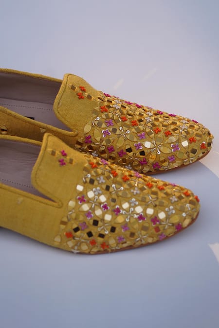 Shradha Hedau Footwear Couture_Yellow Embroidery Raw Silk Mirror Work Moccasins _Online_at_Aza_Fashions