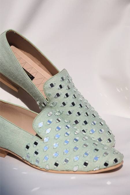 Shradha Hedau Footwear Couture Green Embroidery Mirror Work Moccasins Online at Aza Fashions Shradha Hedau Footwear Couture_Green Embroidery Mirror Work Moccasins _Online_at_Aza_Fashions