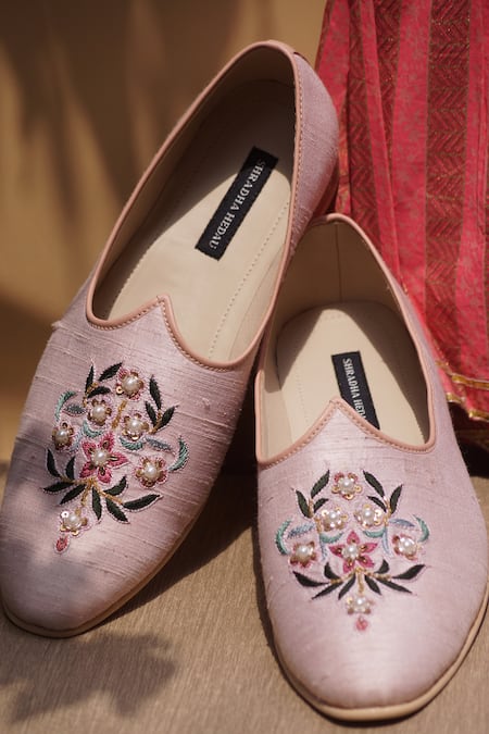 Shop_Shradha Hedau Footwear Couture_Peach Embroidery Floral Mojadi _Online_at_Aza_Fashions