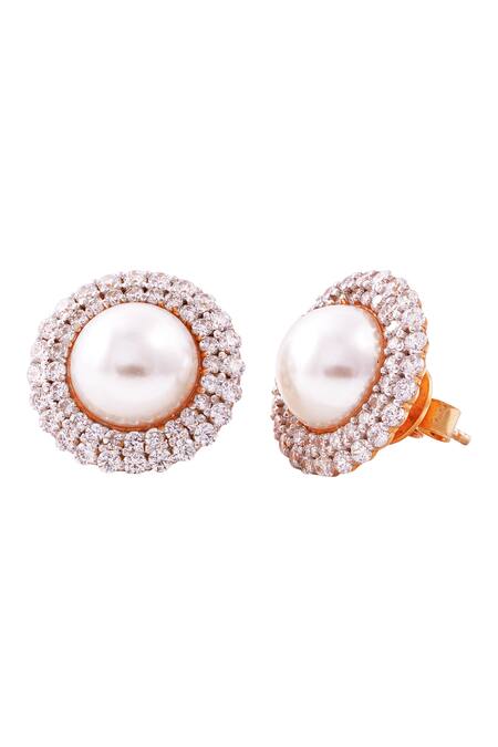 Shop Prata White Pearls, Crystals Luminary Stone Round Studs at Aza Fashions Shop_Prata_White Pearls, Crystals Luminary Stone Round Studs _at_Aza_Fashions