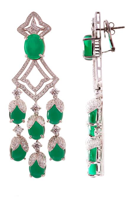 Shop_Prata_Green Crystals, Stones Anika Floral Studded Earrings_at_Aza_Fashions