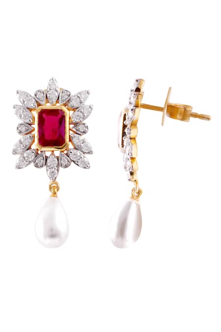 Shop Prata Red Pearls, Diamonds Indra Floral Stone Studded Drops at Aza Fashions Shop_Prata_Red Pearls, Diamonds Indra Floral Stone Studded Drops _at_Aza_Fashions