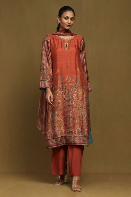 Ritu Kumar Orange Silk, Viscose Embroidery Round Neck Joshika Print Kurta Pant Set 
