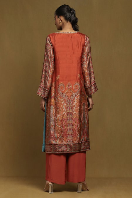 Shop Ritu Kumar Orange Silk, Viscose Embroidery Round Neck Joshika Print Kurta Pant Set at Aza Fashions Shop_Ritu Kumar_Orange Silk, Viscose Embroidery Round Neck Joshika Print Kurta Pant Set_at_Aza_Fashions