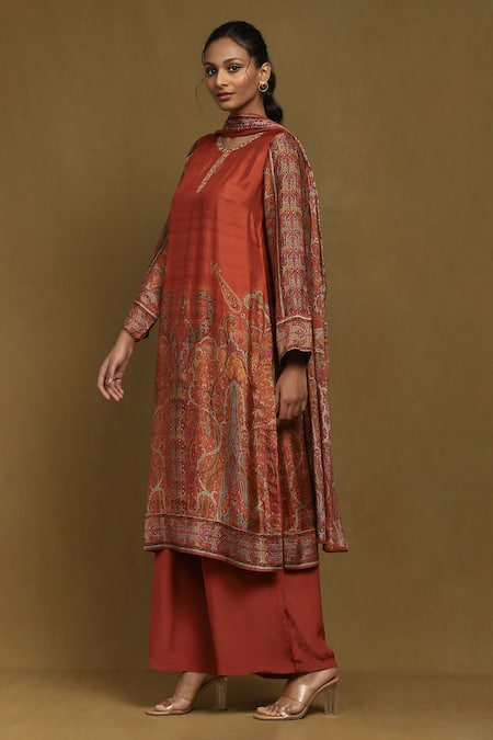 Ritu Kumar Orange Silk, Viscose Embroidery Round Neck Joshika Print Kurta Pant Set Online at Aza Fashions Ritu Kumar_Orange Silk, Viscose Embroidery Round Neck Joshika Print Kurta Pant Set_Online_at_Aza_Fashions