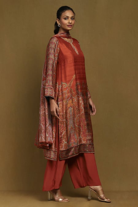 Buy Ritu Kumar Orange Silk, Viscose Embroidery Round Neck Joshika Print Kurta Pant Set Online at Aza Fashions Buy_Ritu Kumar_Orange Silk, Viscose Embroidery Round Neck Joshika Print Kurta Pant Set_Online_at_Aza_Fashions