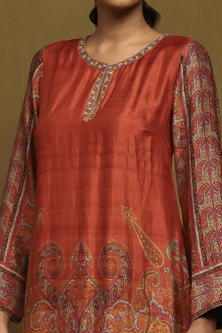 Shop Ritu Kumar Orange Silk, Viscose Embroidery Round Neck Joshika Print Kurta Pant Set Online at Aza Fashions Shop_Ritu Kumar_Orange Silk, Viscose Embroidery Round Neck Joshika Print Kurta Pant Set_Online_at_Aza_Fashions