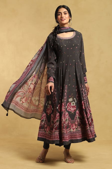 Ritu Kumar Black Viscose Print Alexander Floral Round Neck Anarkali Churidar Set 