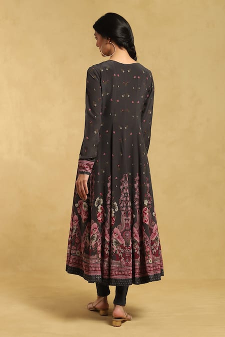 Shop Ritu Kumar Black Viscose Embroidery Round Neck Alexander Floral Print Anarkali Churidar Set at Aza Fashions Shop_Ritu Kumar_Black Viscose Embroidery Round Neck Alexander Floral Print Anarkali Churidar Set_at_Aza_Fashions