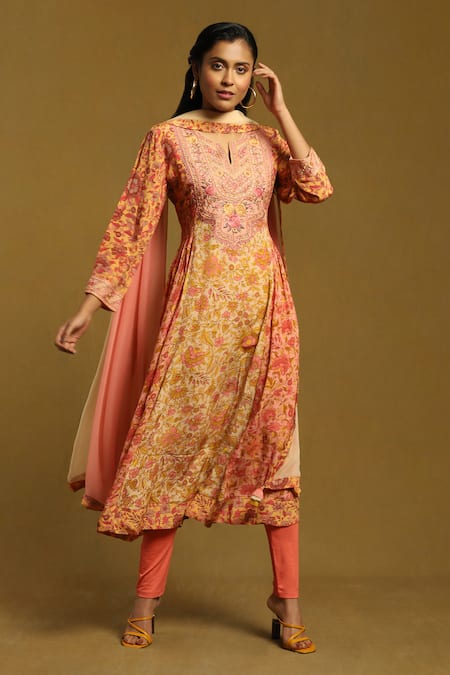 Ritu Kumar Alyssa Floral Print Gathered Kurta Churidar Set 