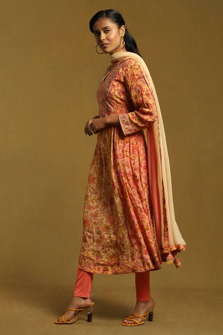 Ritu Kumar_Peach Viscose, Cotton, Lycra Alyssa Floral Print Gathered Kurta Churidar Set _Online_at_Aza_Fashions