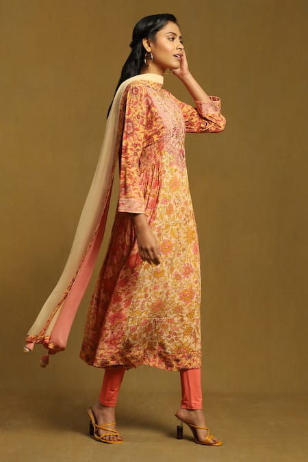 Buy_Ritu Kumar_Peach Viscose, Cotton, Lycra Alyssa Floral Print Gathered Kurta Churidar Set _Online_at_Aza_Fashions