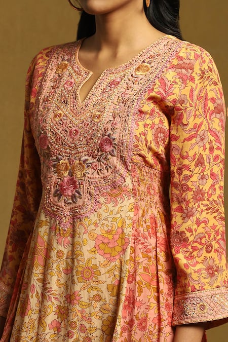 Shop_Ritu Kumar_Peach Viscose, Cotton, Lycra Alyssa Floral Print Gathered Kurta Churidar Set _Online_at_Aza_Fashions