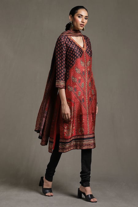 Shop_Ritu Kumar_Red Silk, Viscose, Satin Embroidery V-neck Sanganeri Print Kurta Churidar Set_Online_at_Aza_Fashions