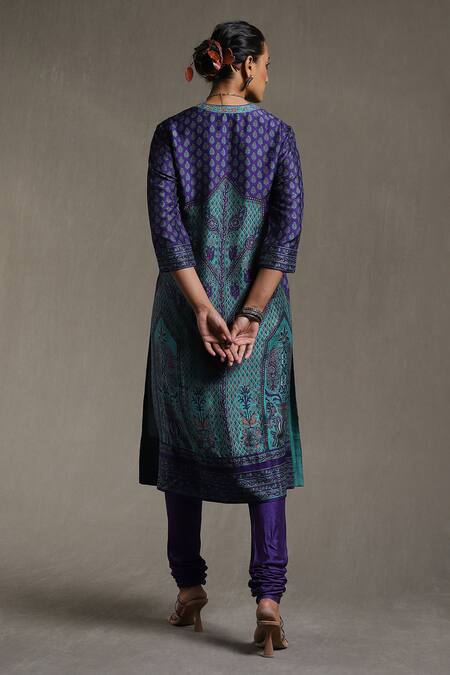 Shop Ritu Kumar Green Silk, Viscose, Satin Sanganeri Print Straight Kurta Churidar Set at Aza Fashions Shop_Ritu Kumar_Green Silk, Viscose, Satin Sanganeri Print Straight Kurta Churidar Set_at_Aza_Fashions