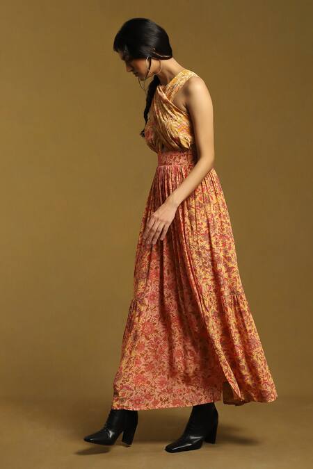 Ritu Kumar_Peach Viscose Halter Neck Alyssa Flower Print Dress _Online_at_Aza_Fashions