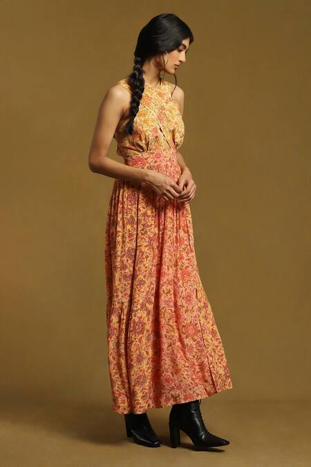 Buy_Ritu Kumar_Peach Viscose Halter Neck Alyssa Flower Print Dress _Online_at_Aza_Fashions