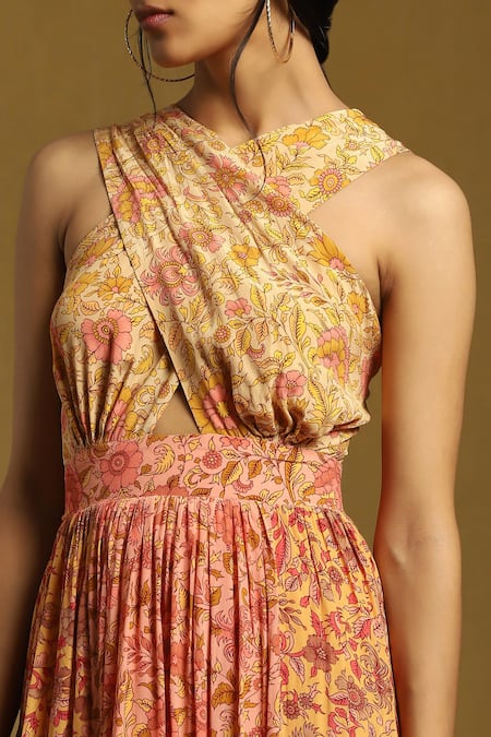 Shop_Ritu Kumar_Peach Viscose Halter Neck Alyssa Flower Print Dress _Online_at_Aza_Fashions