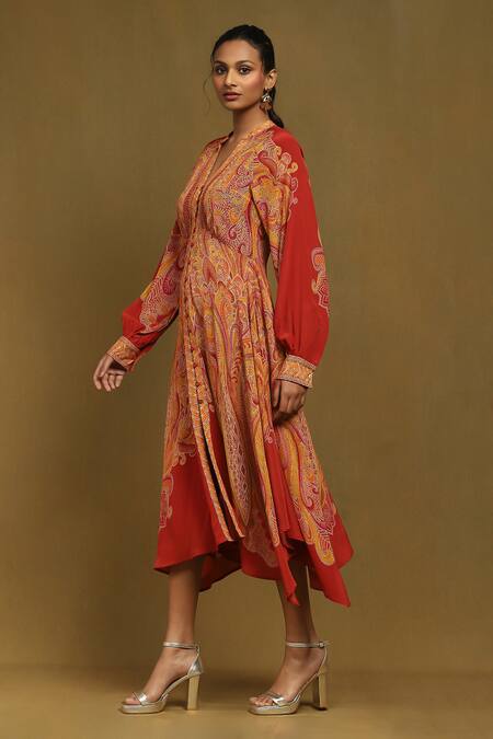 Ritu Kumar Red Rayon, Crepe Embroidery Collared Boukhara Print Dress Online at Aza Fashions Ritu Kumar_Red Rayon, Crepe Embroidery Collared Boukhara Print Dress _Online_at_Aza_Fashions