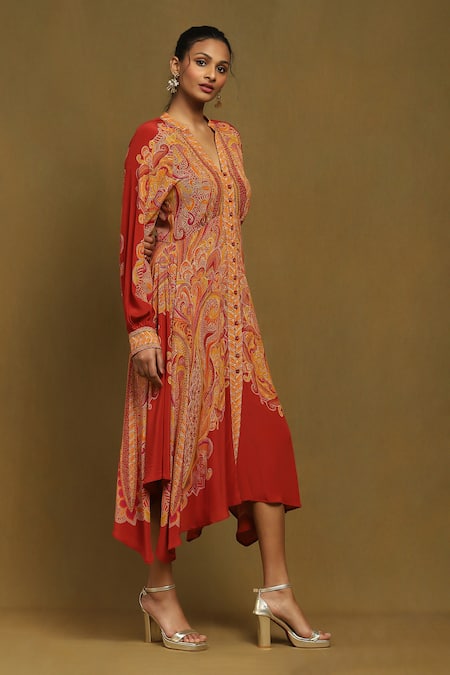 Buy Ritu Kumar Red Rayon, Crepe Embroidery Collared Boukhara Print Dress Online at Aza Fashions Buy_Ritu Kumar_Red Rayon, Crepe Embroidery Collared Boukhara Print Dress _Online_at_Aza_Fashions