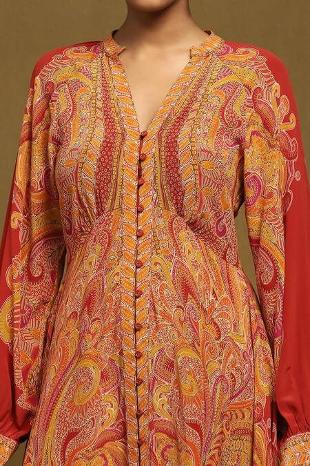 Shop Ritu Kumar Red Rayon, Crepe Embroidery Collared Boukhara Print Dress Online at Aza Fashions Shop_Ritu Kumar_Red Rayon, Crepe Embroidery Collared Boukhara Print Dress _Online_at_Aza_Fashions