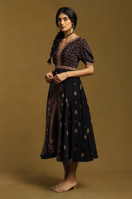 Ritu Kumar_Black Viscose Embroidery Round Neck Kalam Jamawar Print Dress_Online_at_Aza_Fashions