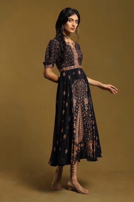 Buy_Ritu Kumar_Black Viscose Embroidery Round Neck Kalam Jamawar Print Dress_Online_at_Aza_Fashions