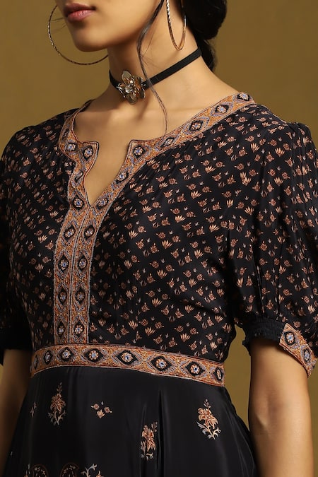 Shop_Ritu Kumar_Black Viscose Embroidery Round Neck Kalam Jamawar Print Dress_Online_at_Aza_Fashions